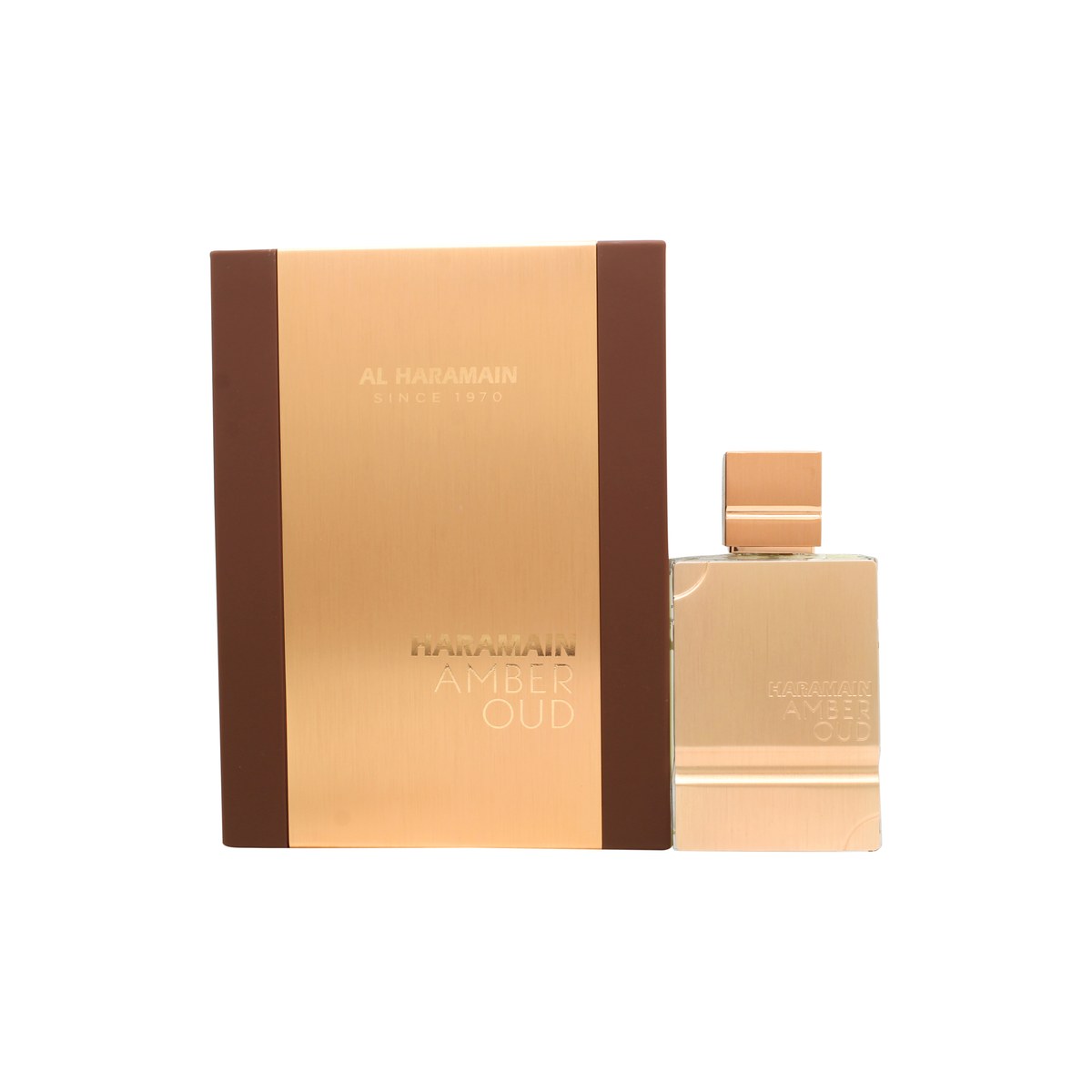 Amber Oud Eau De Parfum Al Haramain 60 ml – firkantet mørk ravfarvet parfumeflaske med gyldne detaljer og robust design