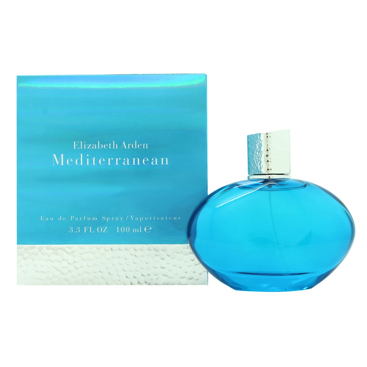 Mediterranean Eau De Parfum Elizabeth Arden 100 ml, oval dybblå parfumeflaske med enkelt design og maritim stemning