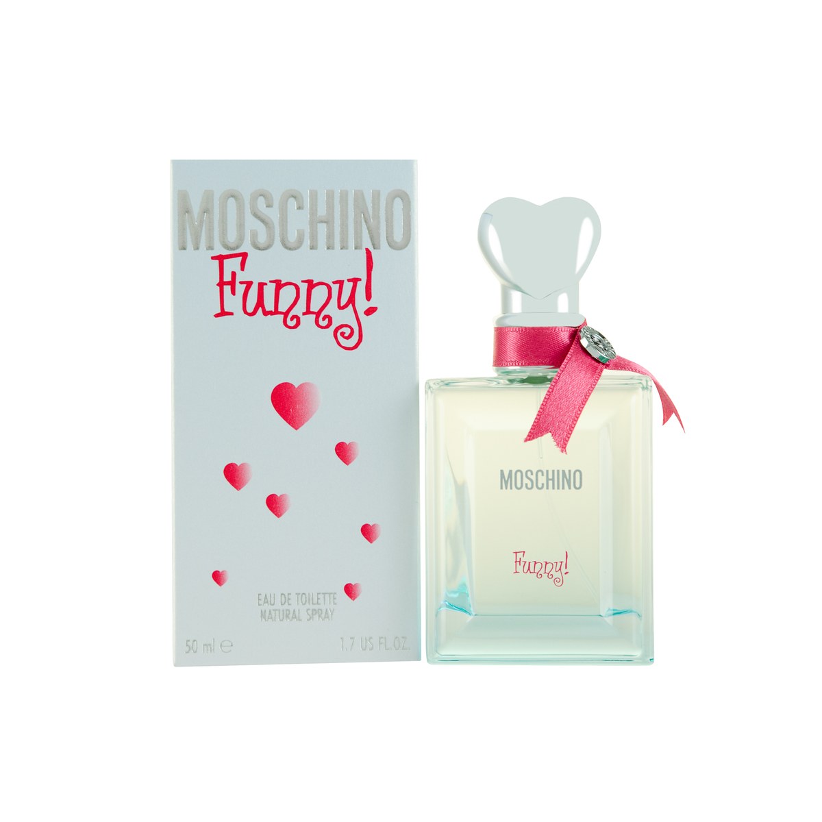 Funny Eau De Toilette Moschino 50 ml – klar glasflaske med sølv hjerteformet låg og fuchsiabånd om halsen