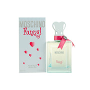 Funny Eau De Toilette Moschino 50 ml – klar glasflaske med sølv hjerteformet låg og fuchsiabånd om halsen