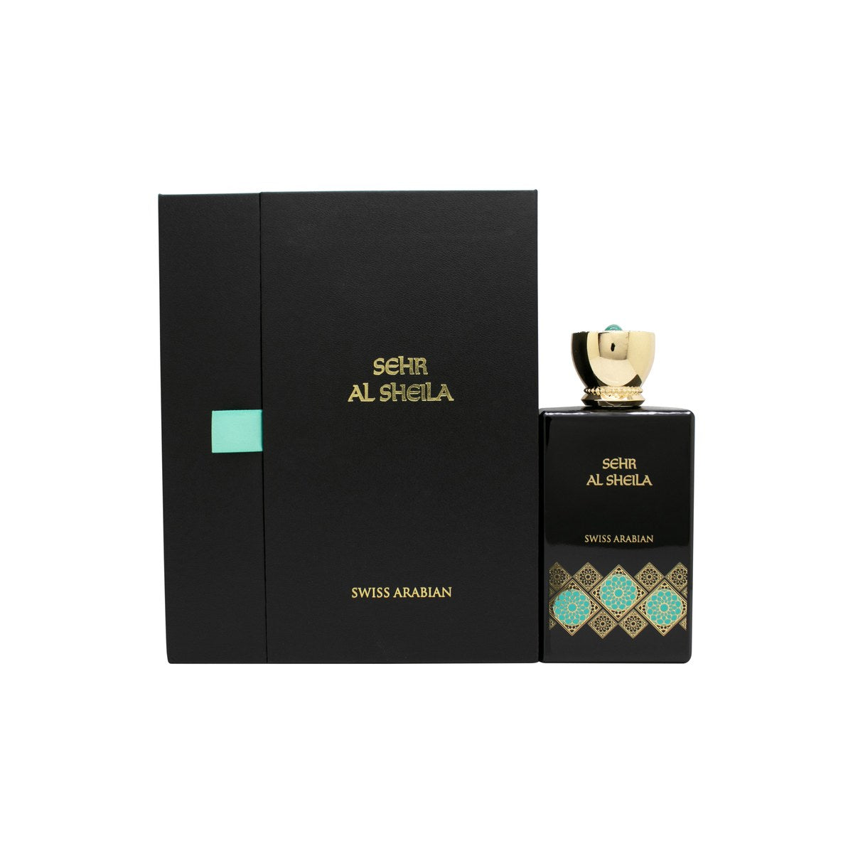 Sehr Al Sheila Swiss Arabian Eau De Parfum 100 ml, klar rektangulær flaske med rosa duft og gyldent låg i enkelt design