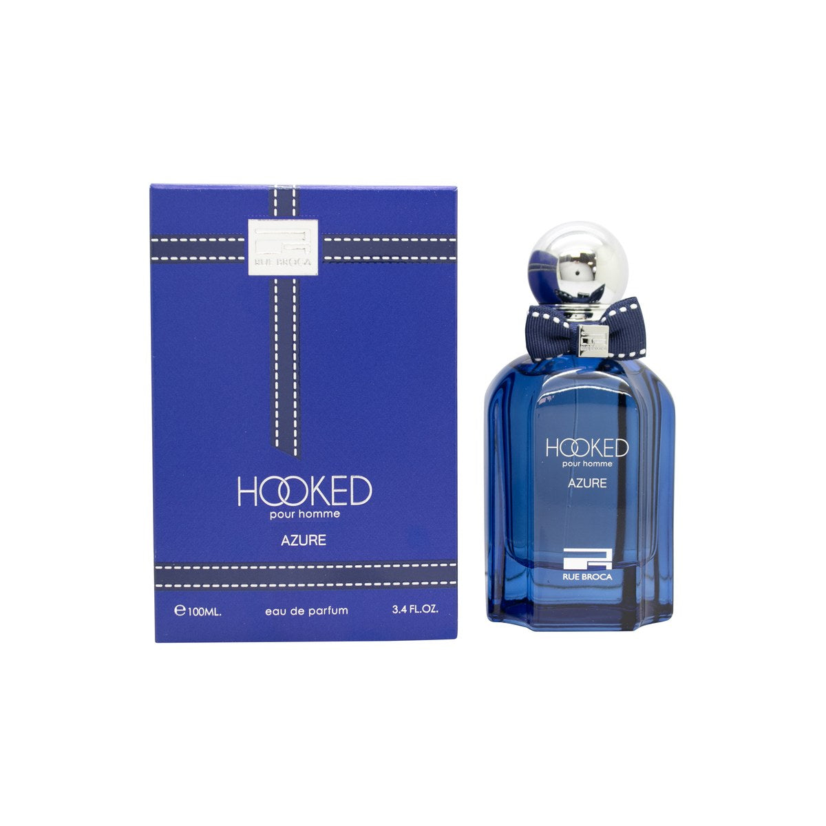 Rue Broca Hooked Azure Pour Homme Eau de Parfum 100ml fra Rue Broca i 100 ml mørkeblå, kantet glasflaske med sølvfarvet låg.