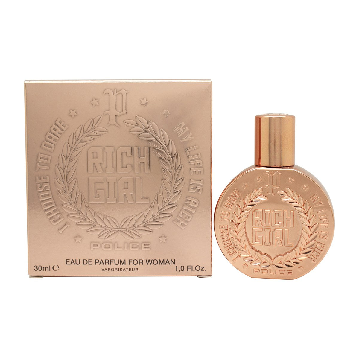 Police Rich Girl Eau de Toilette 30 ml fra Police – rosa kranieformet glasflakon med blomsterprint og guldfarvet top