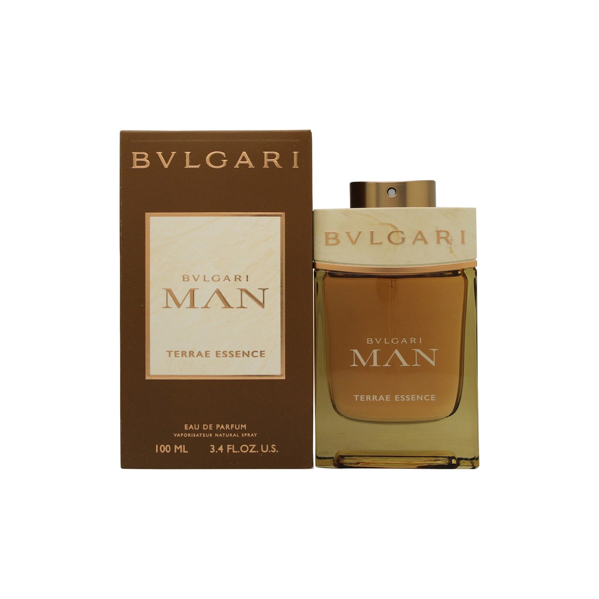 Bvlgari Man Terrae Essence Eau de Parfum 100 ml, flakon i bruntonet glas med sort korkprop og minimalistisk logo.