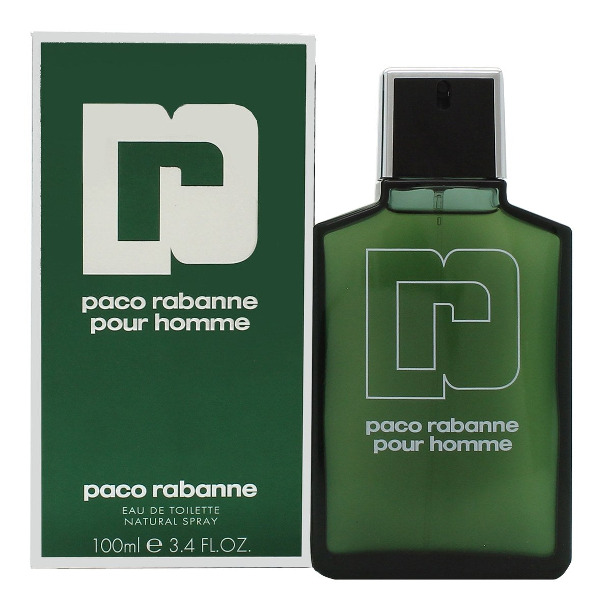 Paco Rabanne Pour Homme Eau De Toilette Rabanne 100 ml, tidløs grøn glasflaske med rektangulær form og sølvfarvet skruelåg