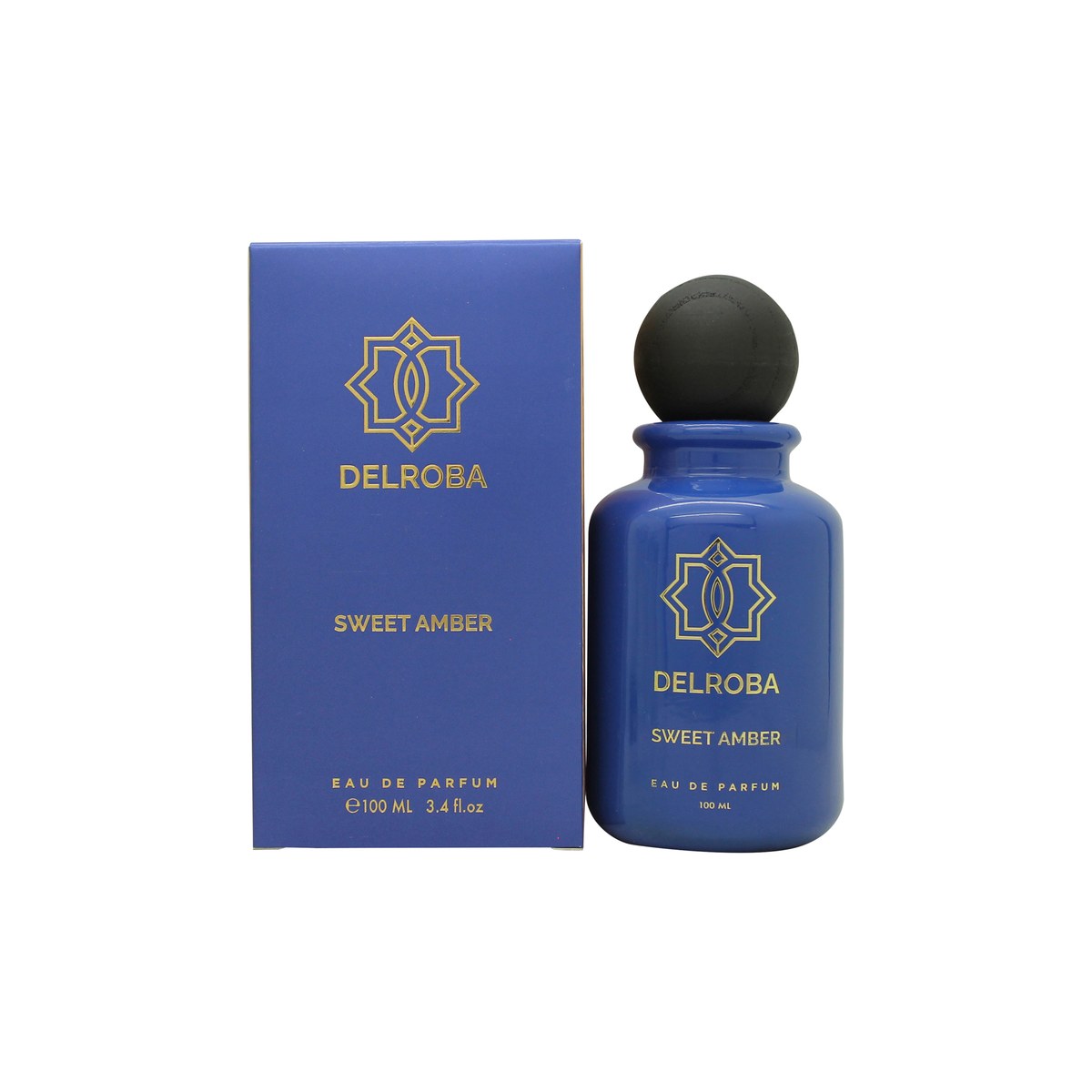 Delroba Parfums Sweet Amber Eau de Parfum 100 ml – gylden ravfarvet flakon i klart glas med gulddetaljer og afrundet låg