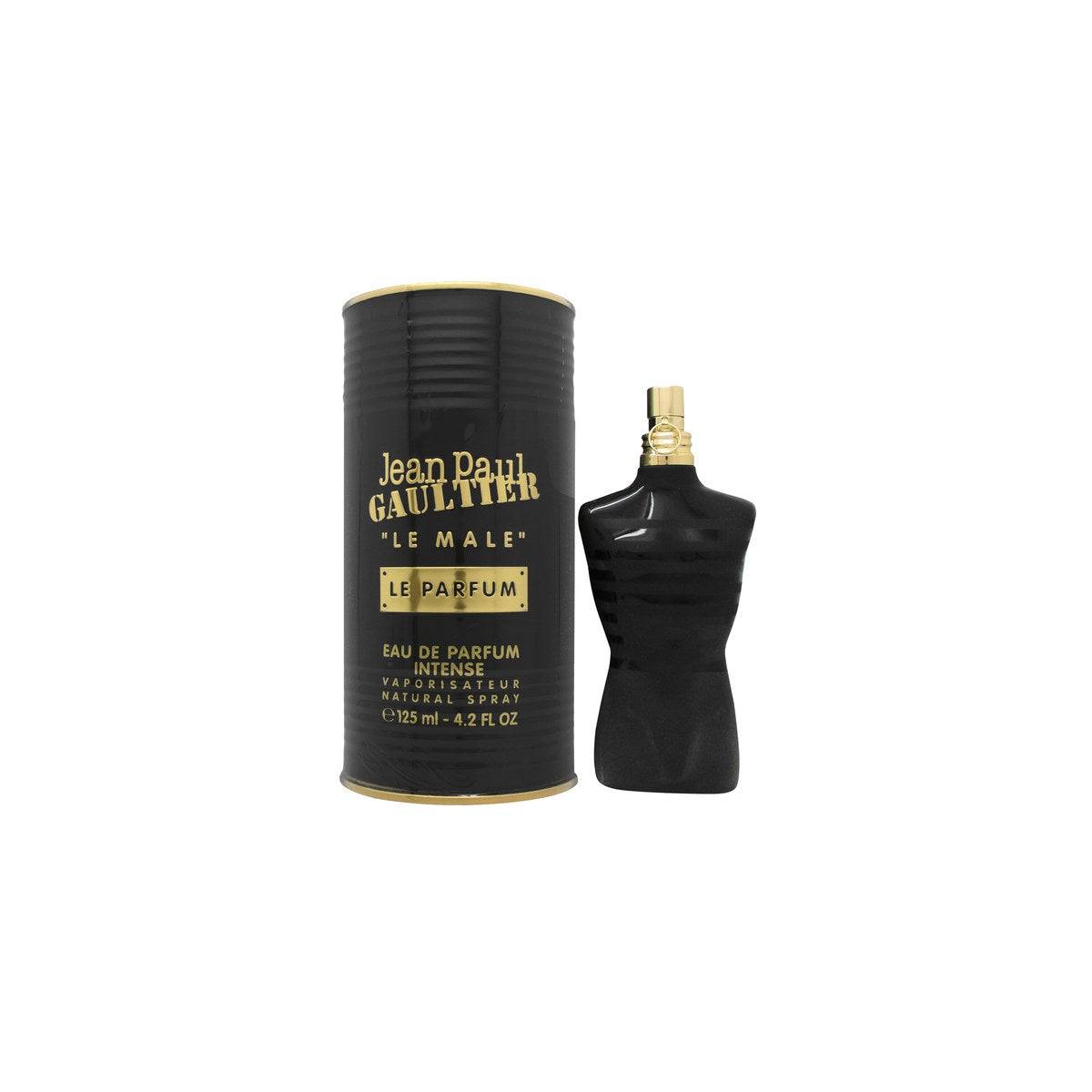 Le Male Le Parfum Eau De Parfum Jean Paul Gaultier 125 ml, sort flakon i torsoform med striber og guldskrift, mørk tone