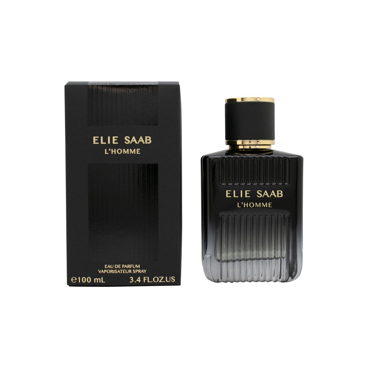 L'Homme Eau De Parfum Elie Saab 100 ml, rektangulær glasflakon med mørk ravfarvet toning, klar linjeføring og sort låg