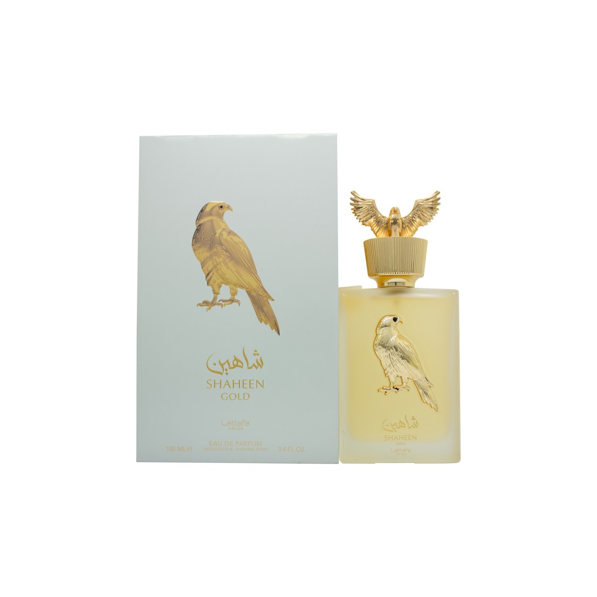 Lattafa Shaheen Gold Eau de Parfum 100 ml fra Lattafa i gylden flakon med falkeformet låg og blankt, ornamenteret design.