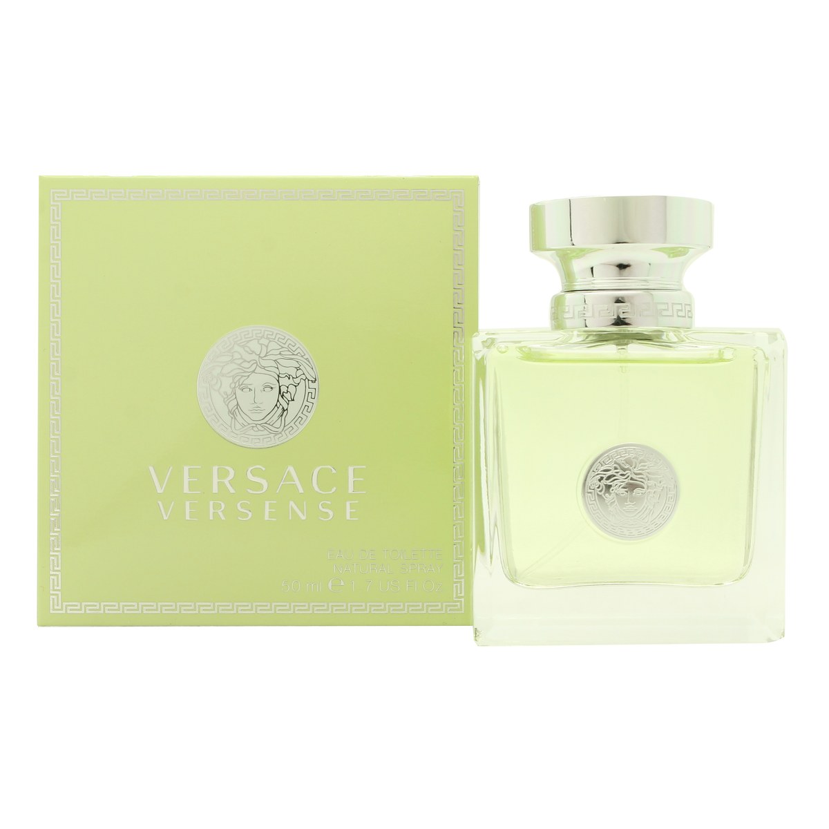 Versace Versense Eau De Toilette, Versace 50 ml – grøn, klar glasflaske med afrundede kanter, sølv Medusa-logo og låg
