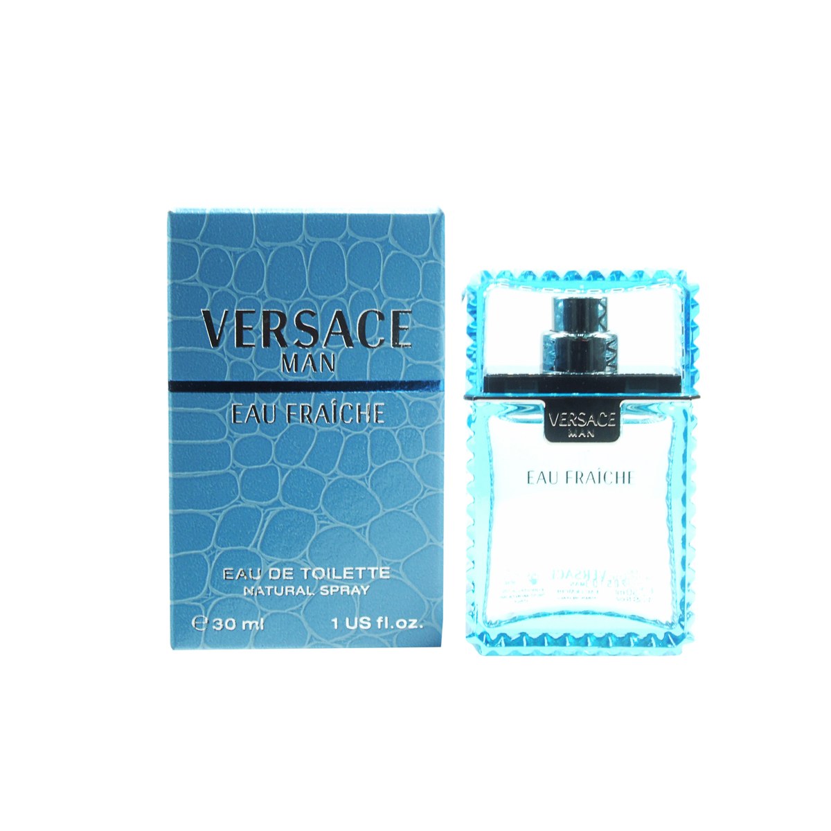 Versace Man Eau Fraiche Eau de Toilette 30 ml – blå transparent glasflakon med sølvlogo og riflet mønster