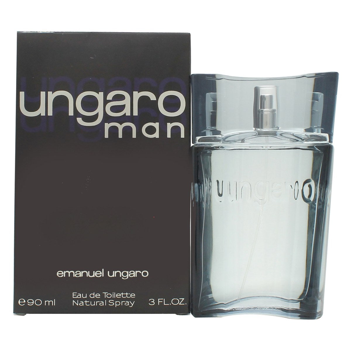 Emanuel Ungaro Man Eau de Toilette 90 ml, Emanuel Ungaro – rektangulær klar glasflaske med sort låg og sølvlogo.