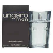Emanuel Ungaro Man Eau de Toilette 90 ml, Emanuel Ungaro – rektangulær klar glasflaske med sort låg og sølvlogo.