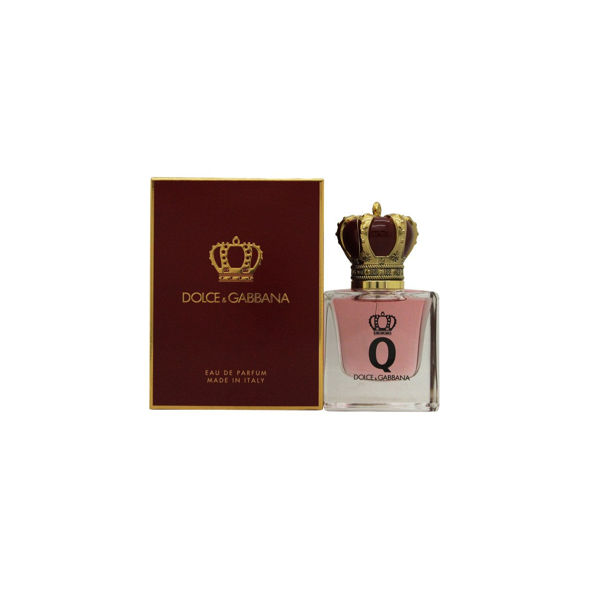 Dolce & Gabbana Q Eau de Parfum 30 ml i klar glasflaske med gyldent kroneformet låg og let rosatonet væske.