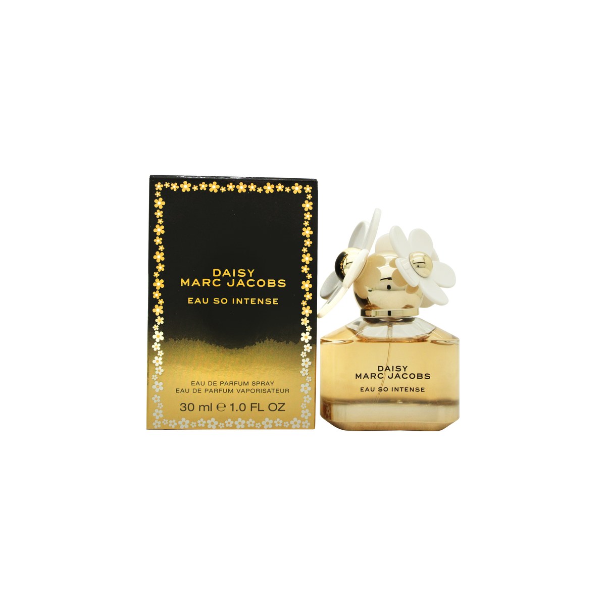 Daisy So Intense Eau De Parfum Marc Jacobs 30 ml mørk gylden parfumeflaske med sort låg og gyldne margueritter