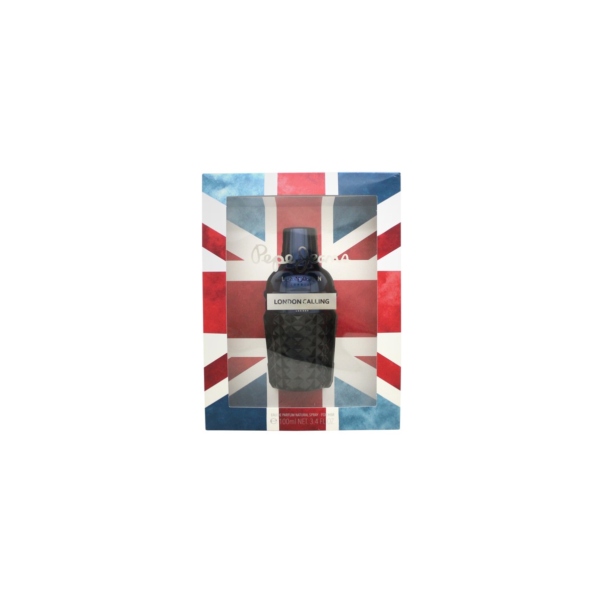 Pepe Jeans London Calling For Him Eau de Parfum 100 ml – mørkeblå shaker-formet flakon i glas med sølvfarvet metallåg.