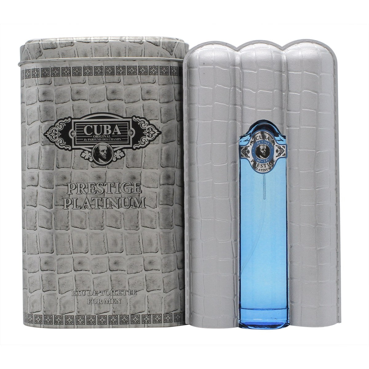Cuba Prestige Platinum Eau de Toilette 90 ml fra Cuba i sølvfarvet cigarformet flakon med metallisk finish og sort bund