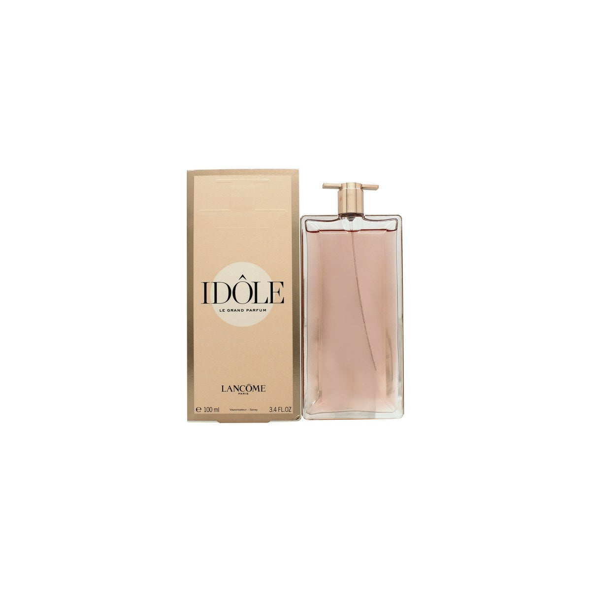 Lancôme Idôle Eau de Parfum 100 ml, Lancôme – slank, transparent glasflakon med rosaguld kant og lys rosatonet duft.