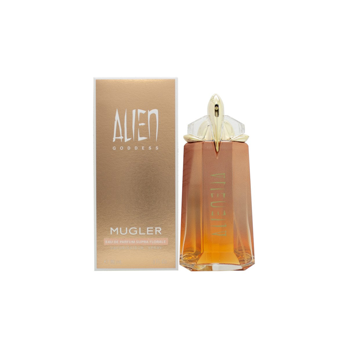 Mugler Alien Goddess Supra Florale Eau de Parfum 90 ml – gylden ravfarvet flakon med facetslebet design og guldtonet spraytop.