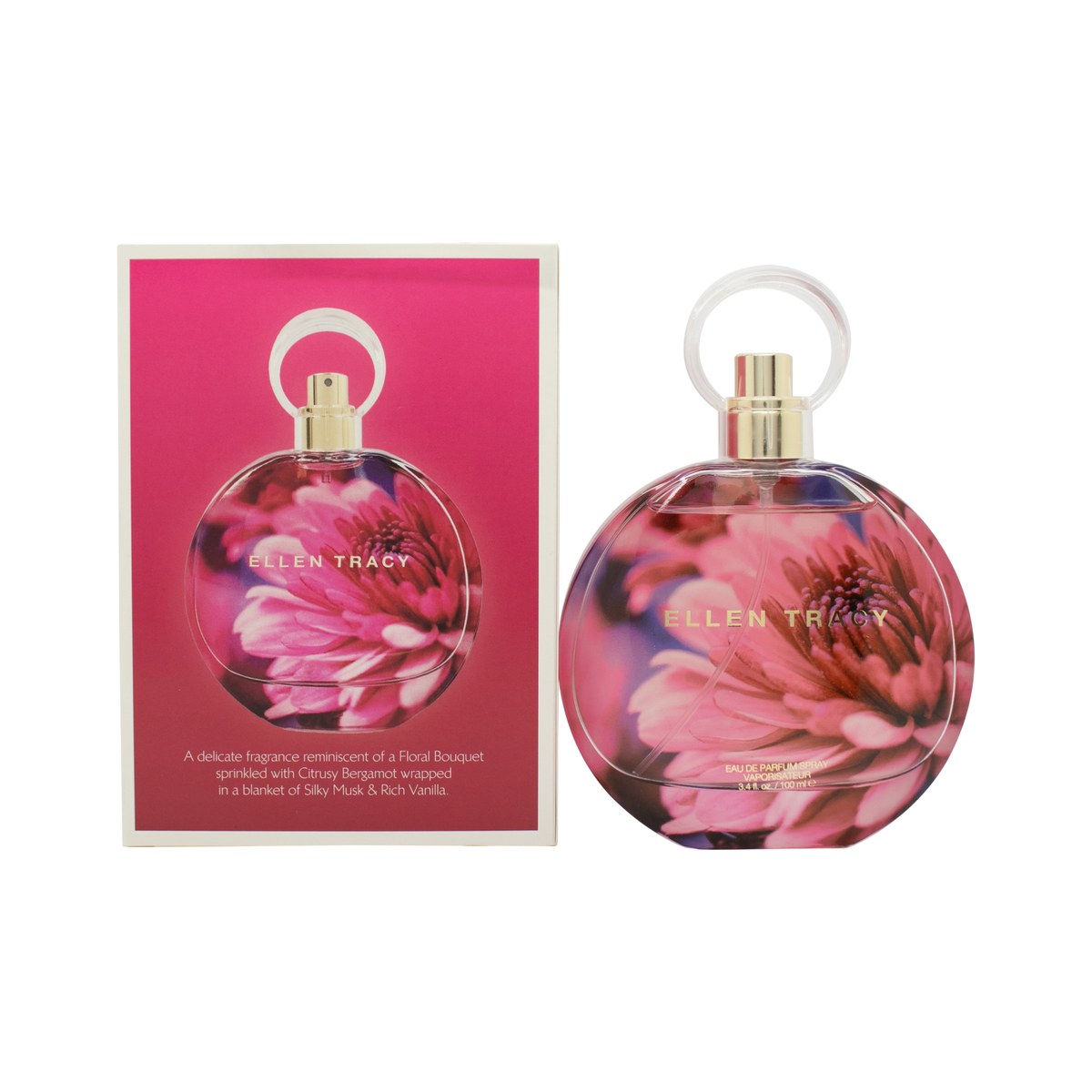 Ellen Tracy Dream Florals Pink Daisy Eau De Parfum 100 ml – klar glasflaske med lyserød væske og blomsterinspireret låg