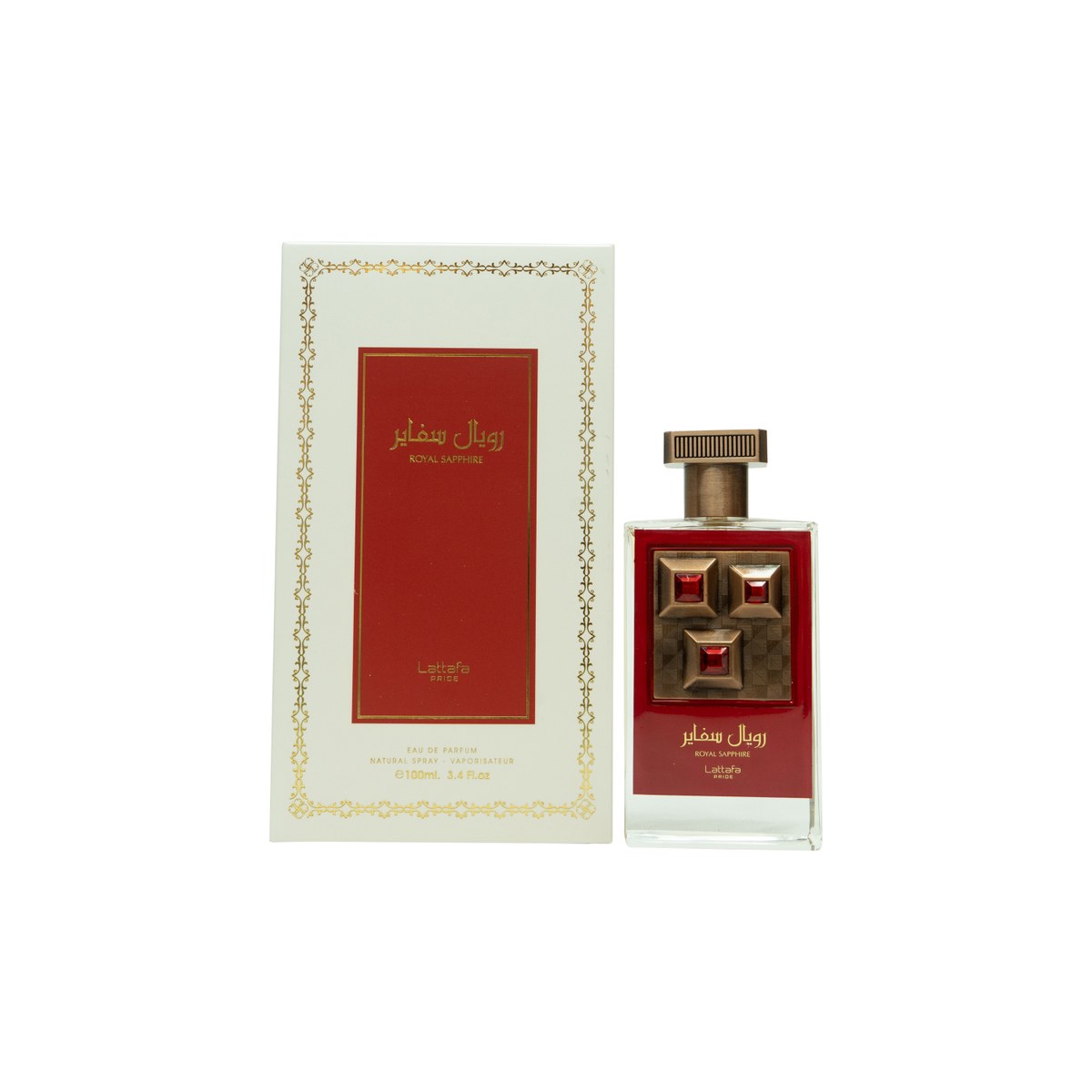 Lattafa Royal Sapphire Eau de Parfum 100 ml fra Lattafa i mørkeblå, facetteret glasflakon med gulddetaljer og kantet låg.