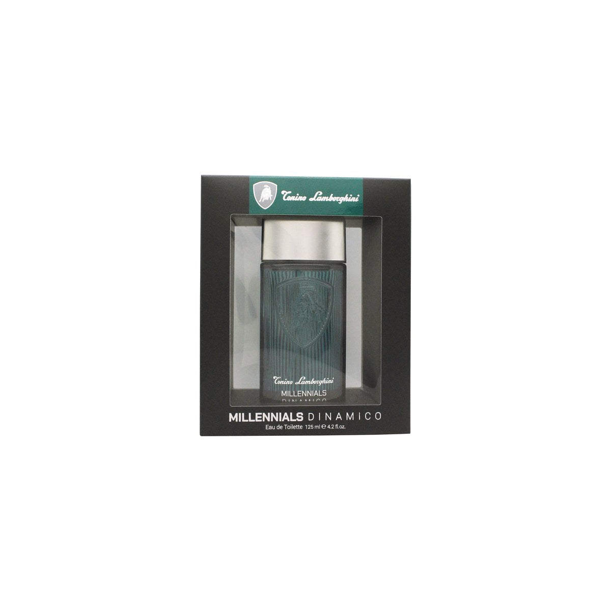 Lamborghini Millennials Dinamico Eau de Toilette 125 ml, Lamborghini – kantet flakon i sølv og blå med skjoldlogo og sølvkap
