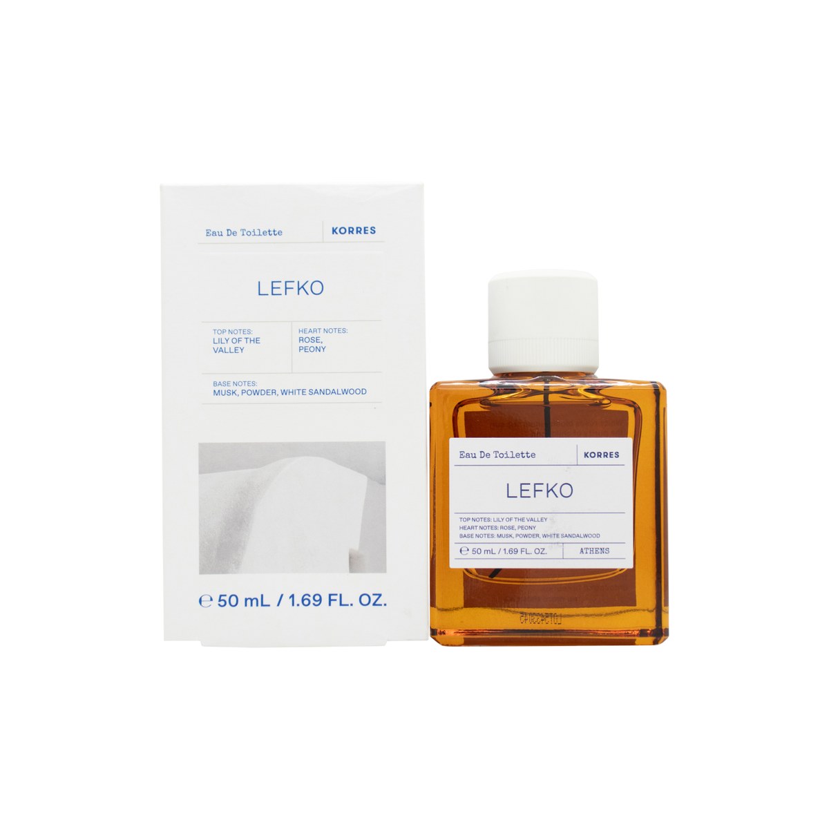 Korres Lefko Eau de Toilette 50 ml fra Korres, klar cylindrisk glasflaske med hvid etiket og sølvfarvet spraytop.