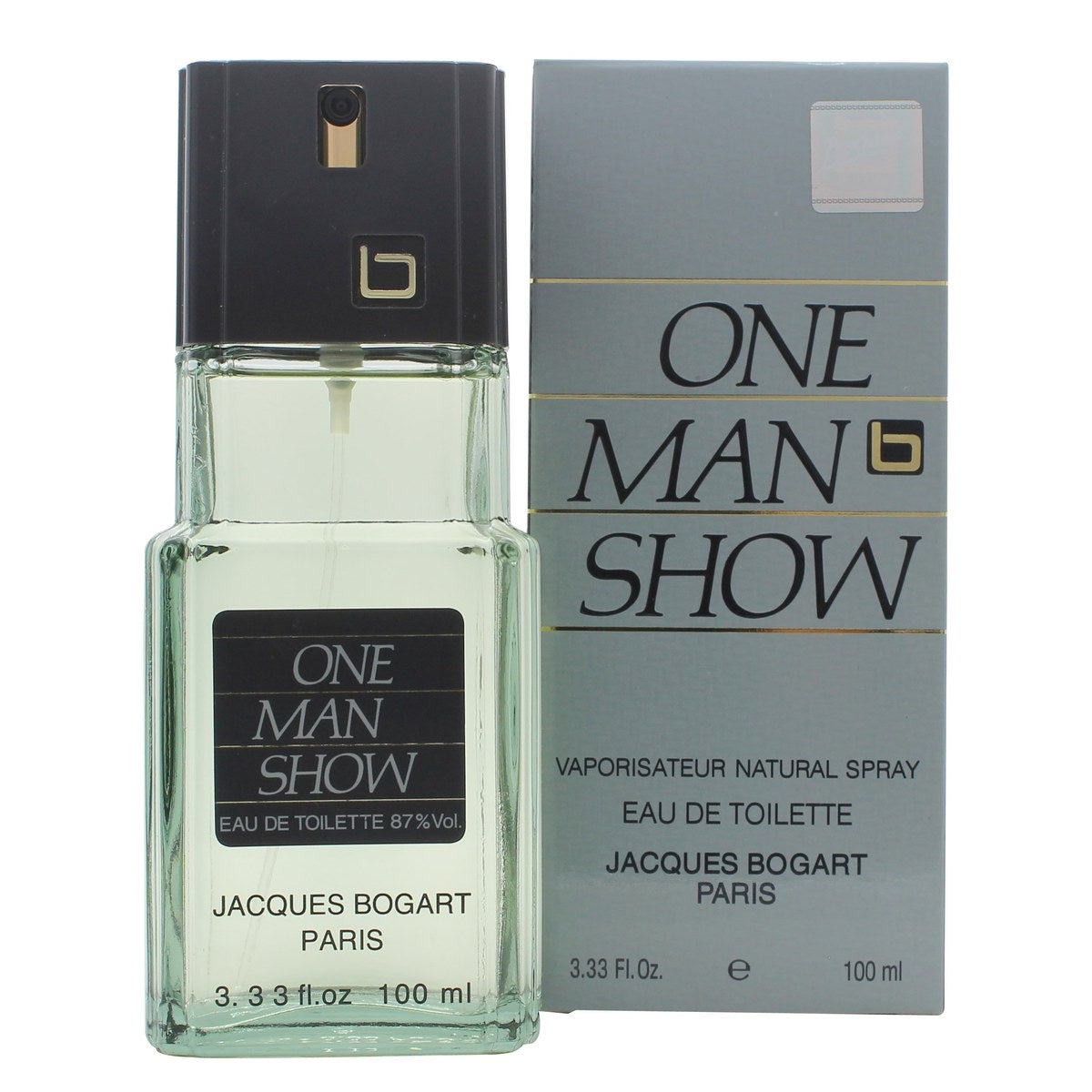 Jacques Bogart One Man Show Eau De Toilette 100 ml–mørkegrøn rektangulær glasflakon med sort låg og guldskrift