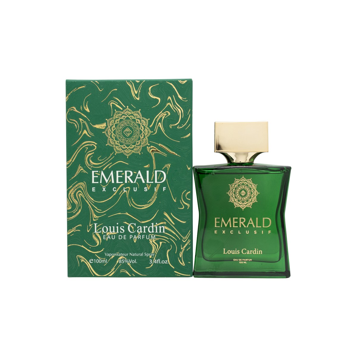 Louis Cardin Emerald Exclusif Eau de Parfum 100 ml fra Louis Cardin, grøn glasflaske med gyldent låg og elegant, kantet design