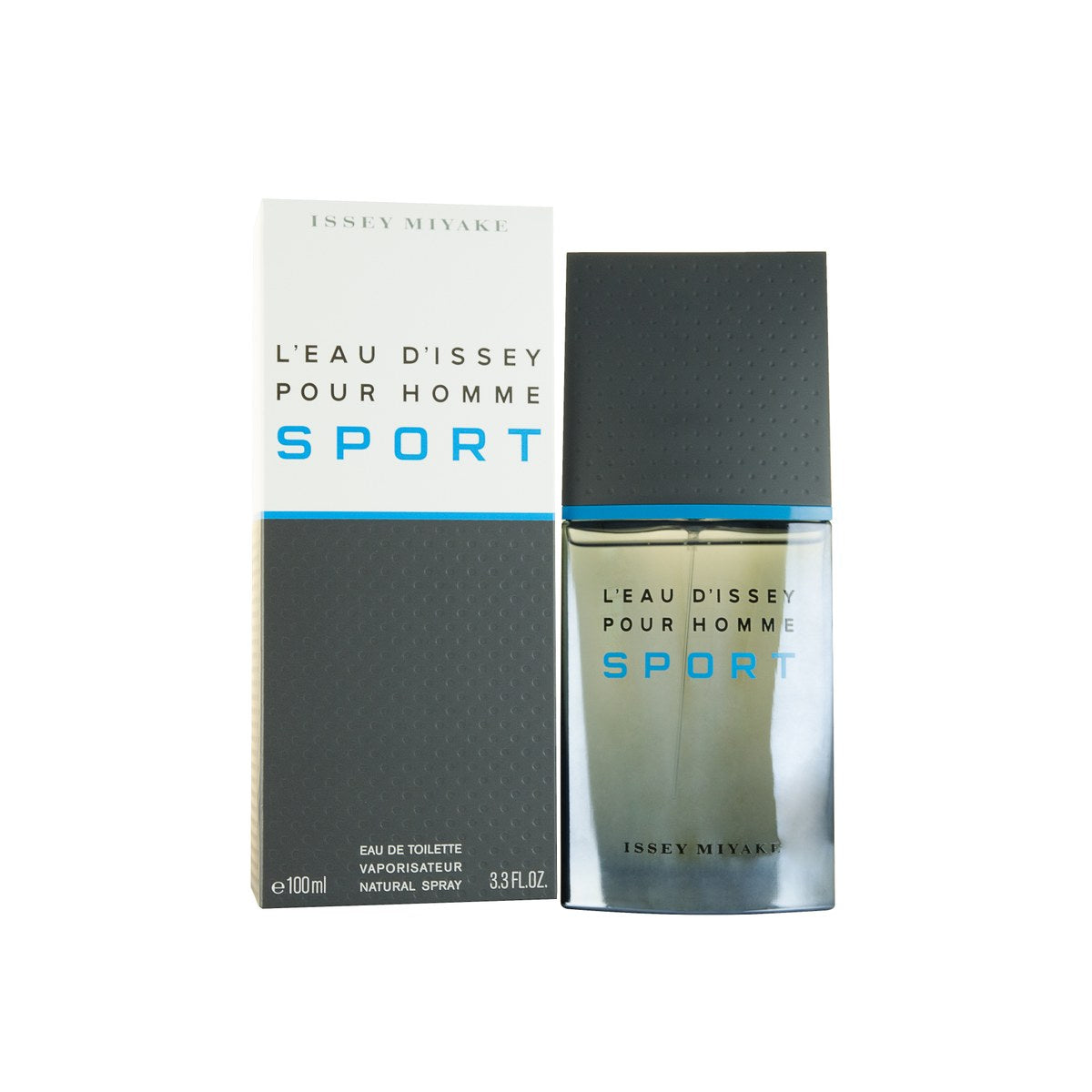 L'Eau D'Issey Pour Homme Sport Eau De Toilette, Issey Miyake, 100 ml – metallisk grå flaske med blå detaljer i minimalistisk, futuristisk form
