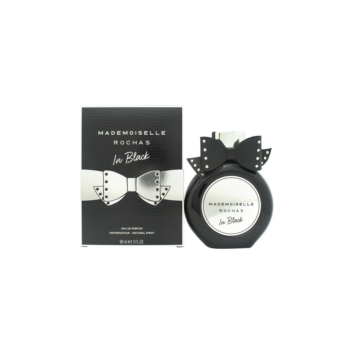 Rochas Mademoiselle In Black Eau de Parfum 90ml – rund glasflakon i mørkt design med lyserød væske og sort sløjfe ved halsen
