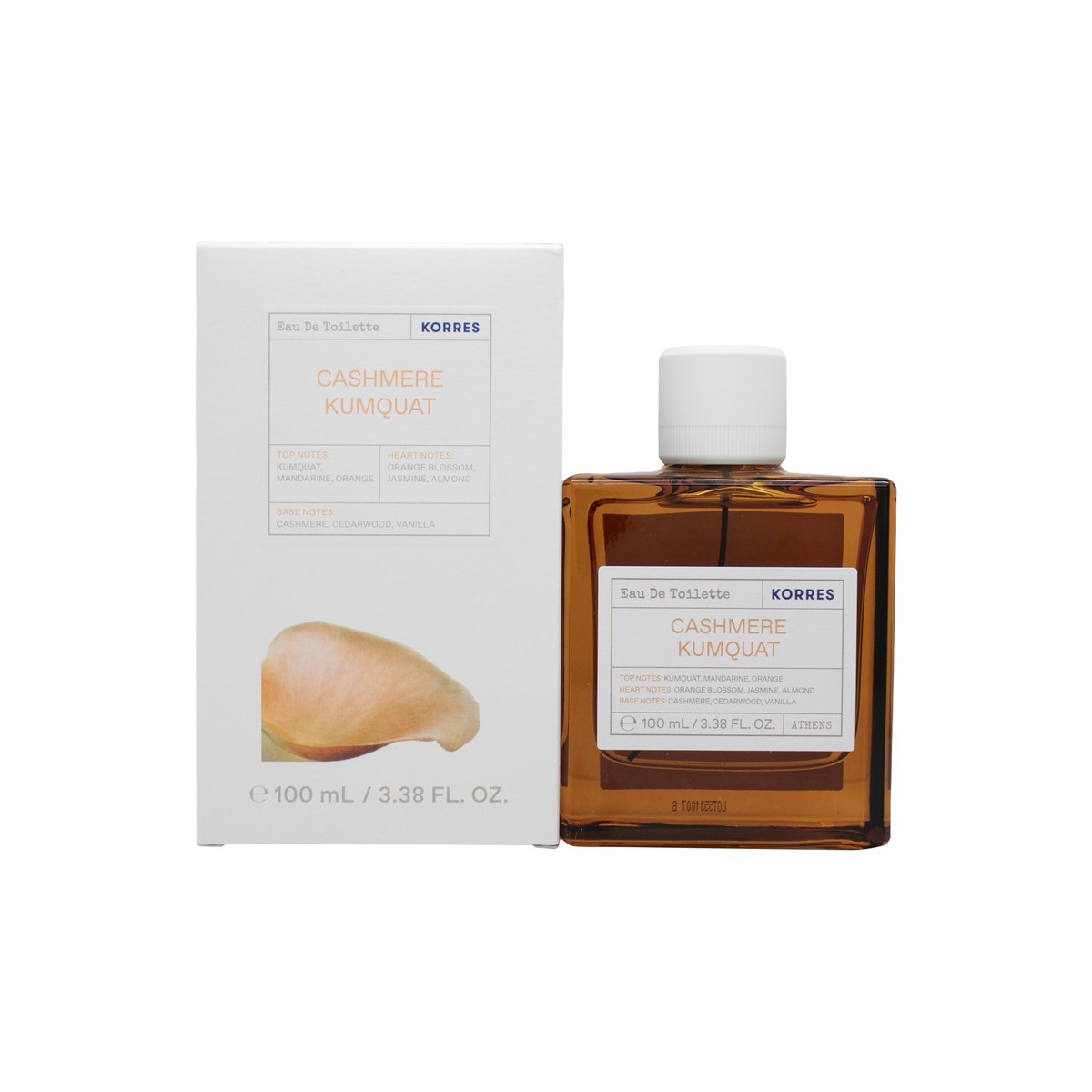 Korres Cashmere Kumquat Eau de Toilette 100ml, klar glasflaske med afrundet form og sort træhætte
