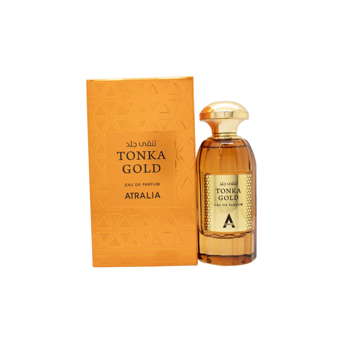 Atralia Tonka Gold Eau de Parfum 100ml, Atralia, 100 ml – gylden rektangulær flakon med blank guldkap og enkelt etiketdesign
