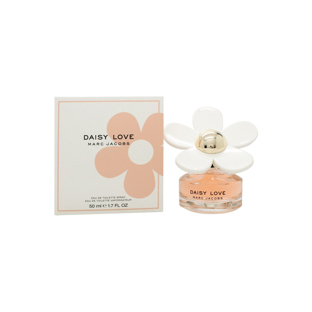 Daisy Love Eau De Toilette Marc Jacobs 50 ml, klar glasflakon med stor hvid margerit på låget, let og feminin.