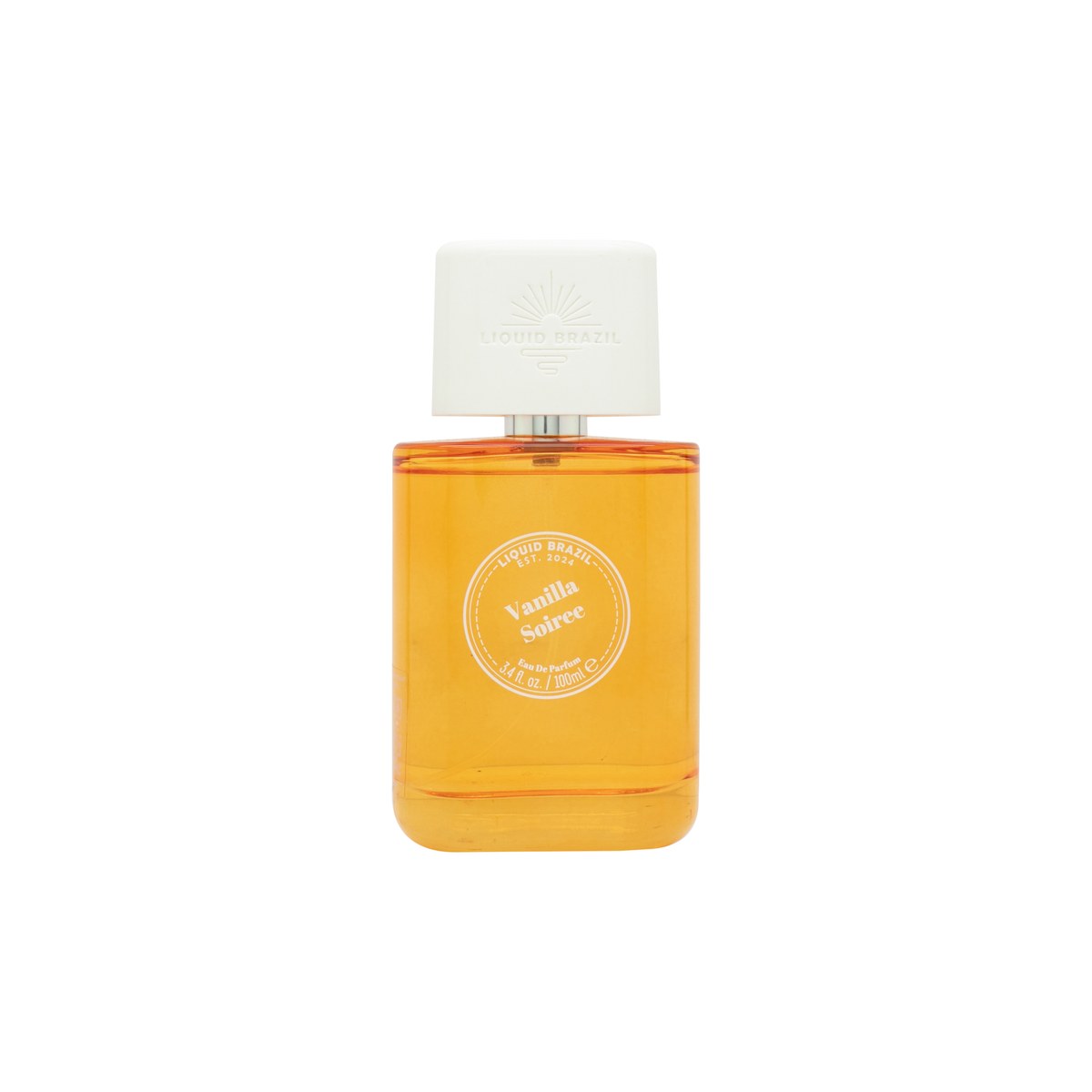 Liquid Brazil Vanilla Soiree Eau de Parfum, Liquid Brazil 100 ml – klar glasflaske med gylden væske og enkel, elegant hætte.