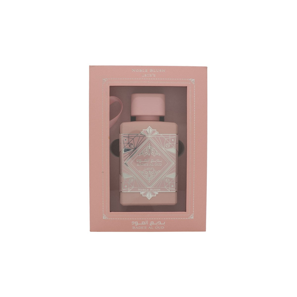 Lattafa Bade'e Al Oud Noble Blush Eau de Parfum Lattafa 100 ml lyserød rektangulær flakon med guldlåg og præget mønster
