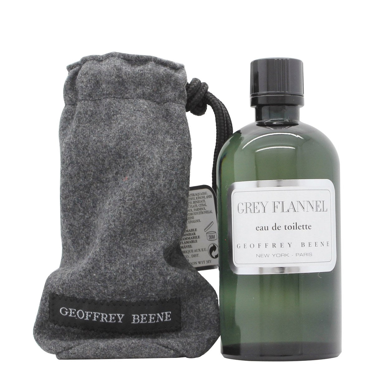 Geoffrey Beene Grey Flannel Eau de Toilette 240 ml Splash matgrå flaske med sølvkork og gråt filtetu i klassisk design