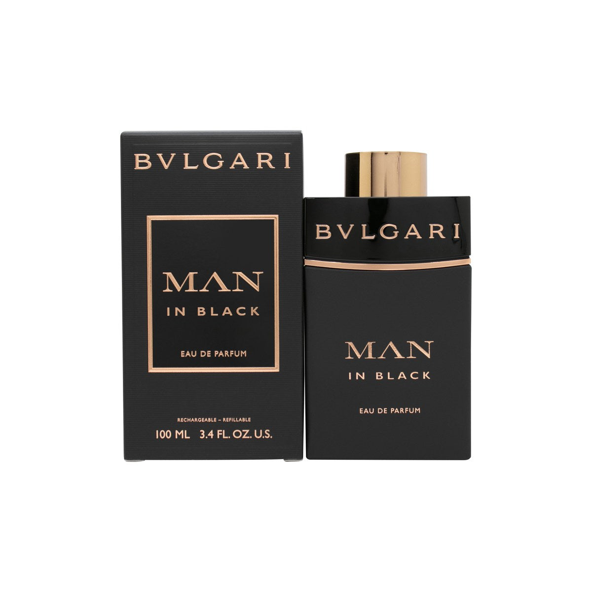 Bvlgari Man In Black Eau De Parfum, Bvlgari, 100 ml – sort rektangulær flakon med pinkguld forstøver og maskulint udtryk