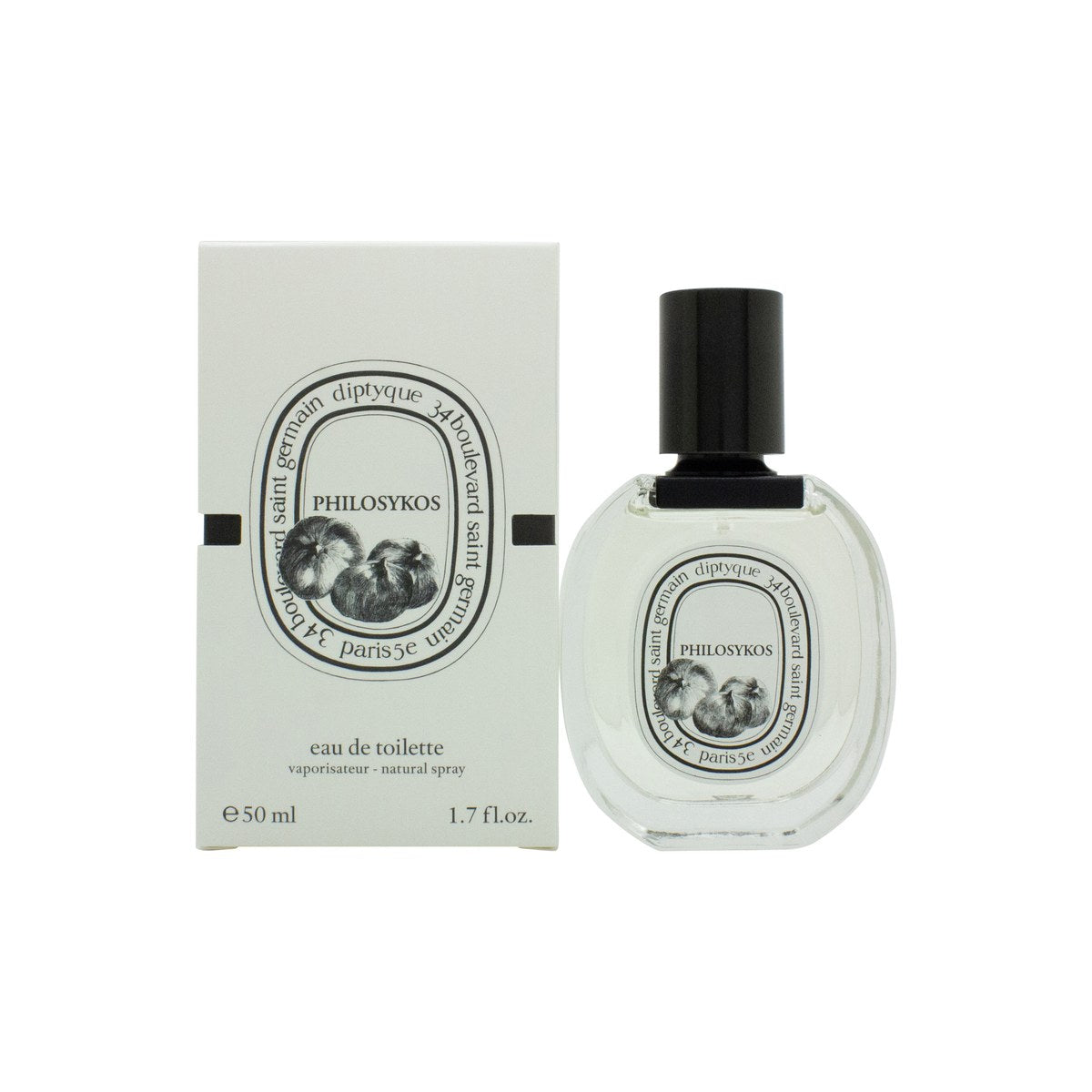 Diptyque Philosykos Eau de Toilette 50 ml, Diptyque, oval glasflaske med sort-hvid etiket og sort låg.