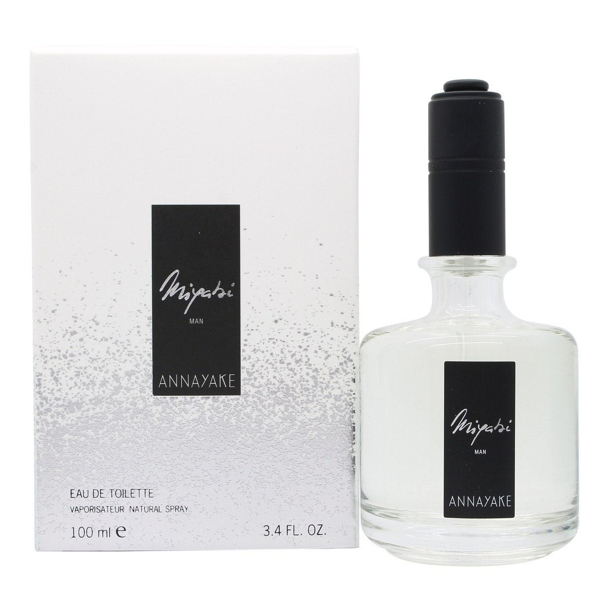 Annayake Miyabi Man Eau De Toilette Annayake 100 ml i klar rektangulær glasflaske med lysegrøn duft og sølvfarvet låg.