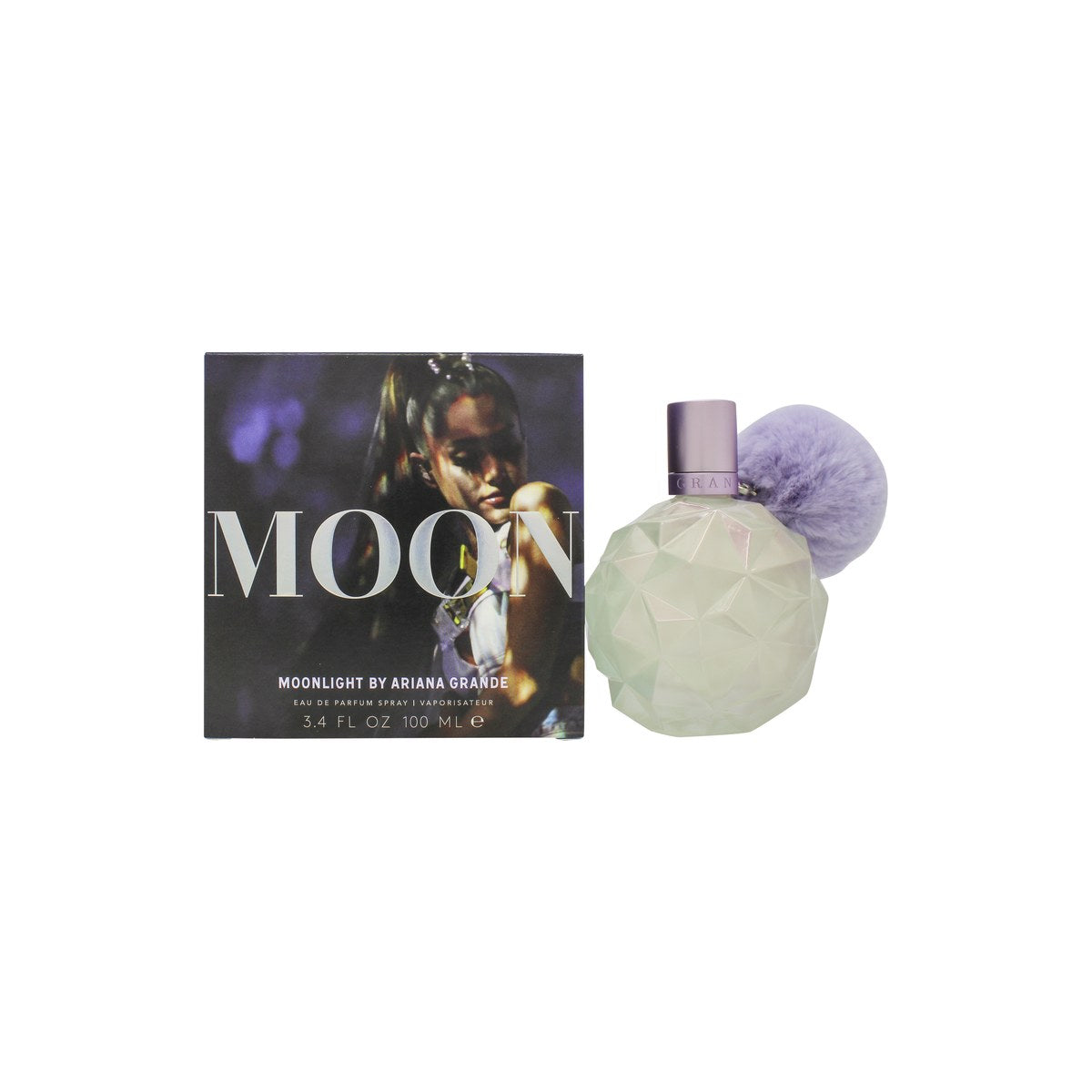 Ariana Grande Moonlight Eau de Parfum 100 ml – mørklilla facetteret flakon med sort pompon og sølvdetaljer