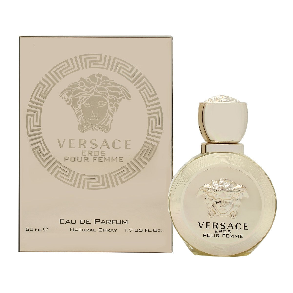 Versace Eros Pour Femme Eau De Parfum Versace 50 ml rund gylden parfumeflaske med Medusa-præg og klassisk låg