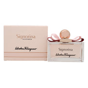 Salvatore Ferragamo Signorina Eau De Parfum 100 ml glasflaske med lyserød væske, sløjfe og metalliske detaljer