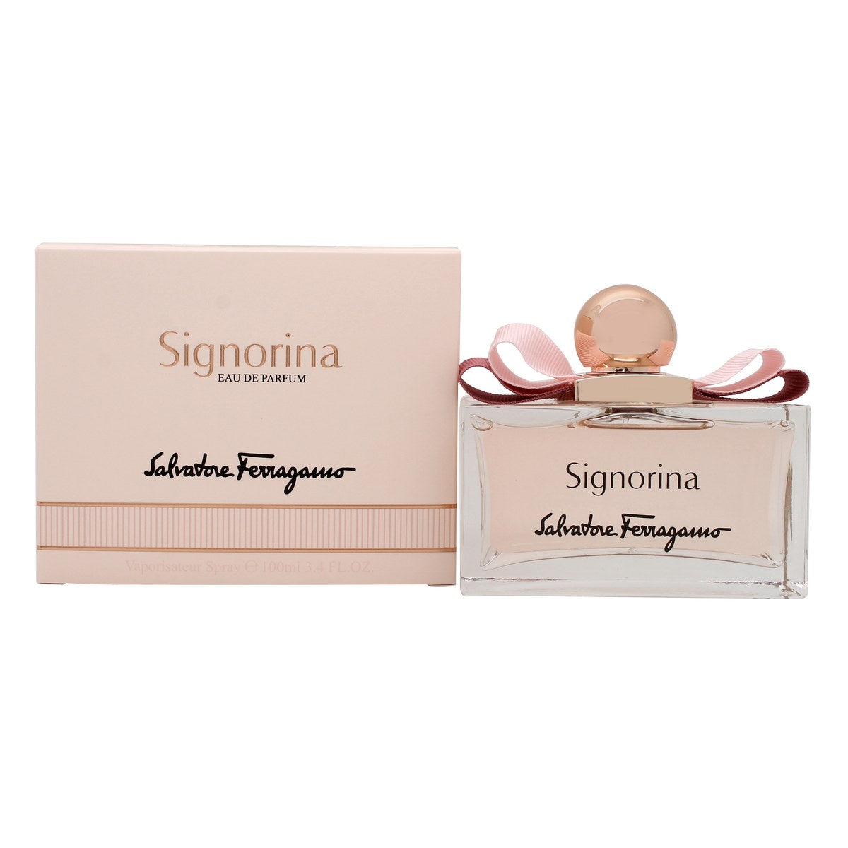 Salvatore Ferragamo Signorina Eau De Parfum 100 ml glasflaske med lyserød væske, sløjfe og metalliske detaljer