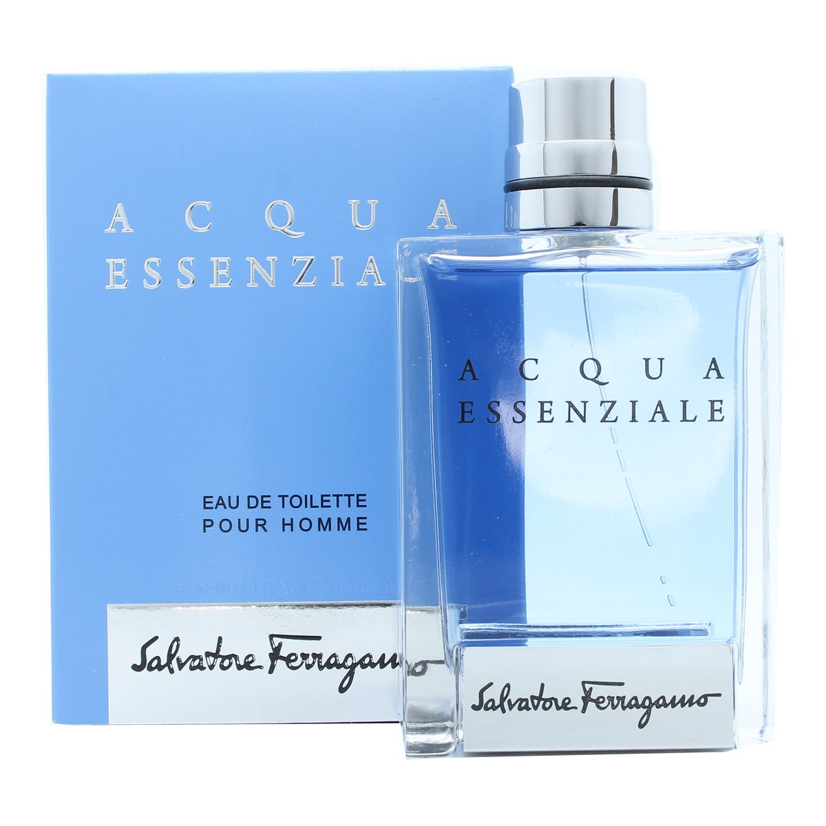 Salvatore Ferragamo Acqua Essenziale Eau de Toilette 100 ml – klar blå glasflaske med sølvfarvet låg og minimalistisk design