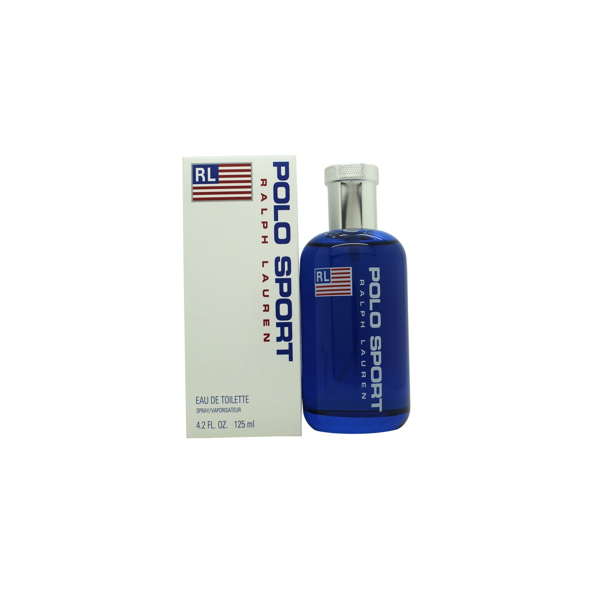 Ralph Lauren Polo Sport Eau De Toilette 125ml, Ralph Lauren, 125 ml – klar blå flakon med sølvfarvet låg og hvidt logo.