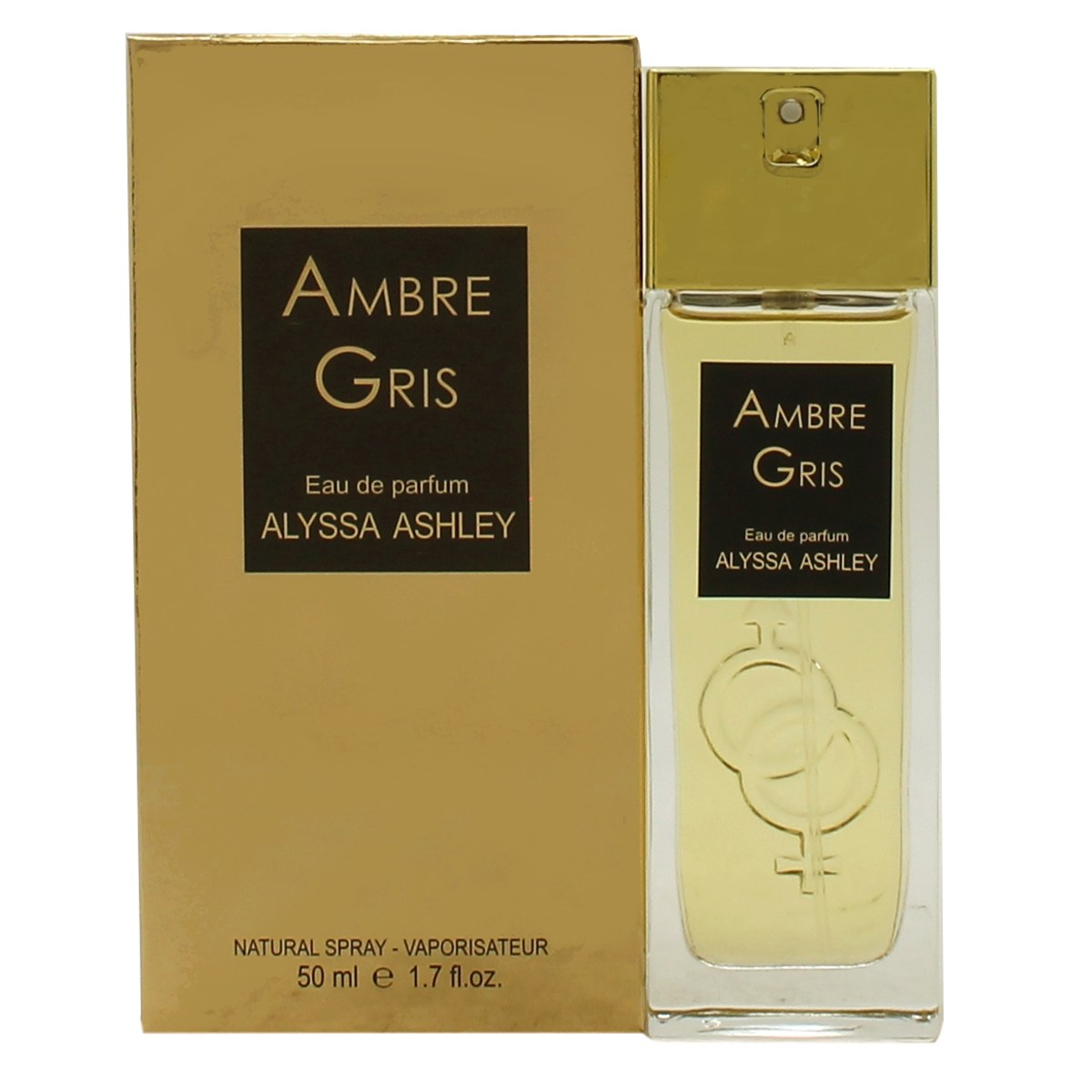 Ambre Gris Eau De Parfum Alyssa Ashley 50 ml – rektangulær parfumeflaske i sort og guld med tidløst udtryk