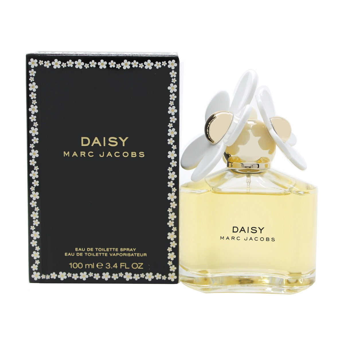 Daisy Eau De Toilette, Marc Jacobs 100 ml, klar glasflaske med gylden væske og låg med hvide margueritter