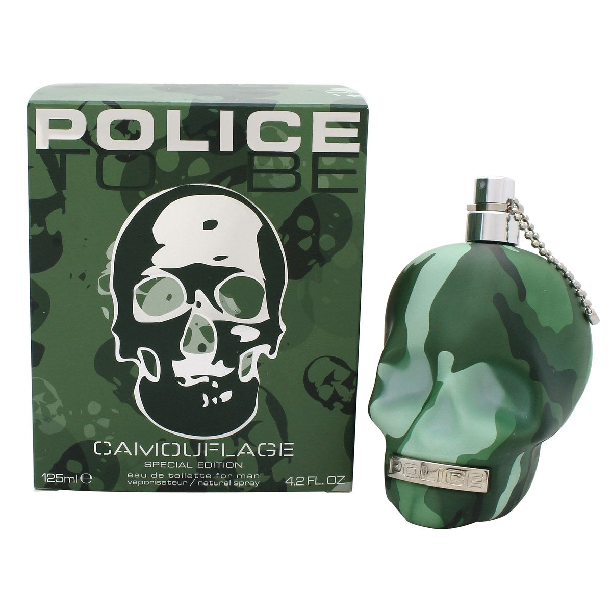 Police To Be Camouflage Eau de Toilette 125 ml fra Police i kranieformet grøn camouflageflaske med detalje og kantet design