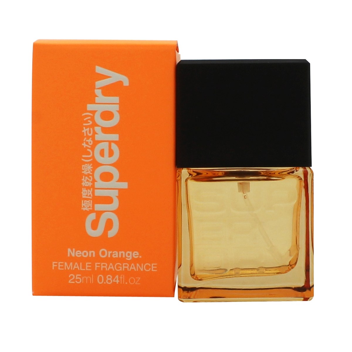 Superdry Neon Orange Eau de Cologne 25 ml fra Superdry i klar glasflaske med neonorange duftvæske og sort låg, enkelt design